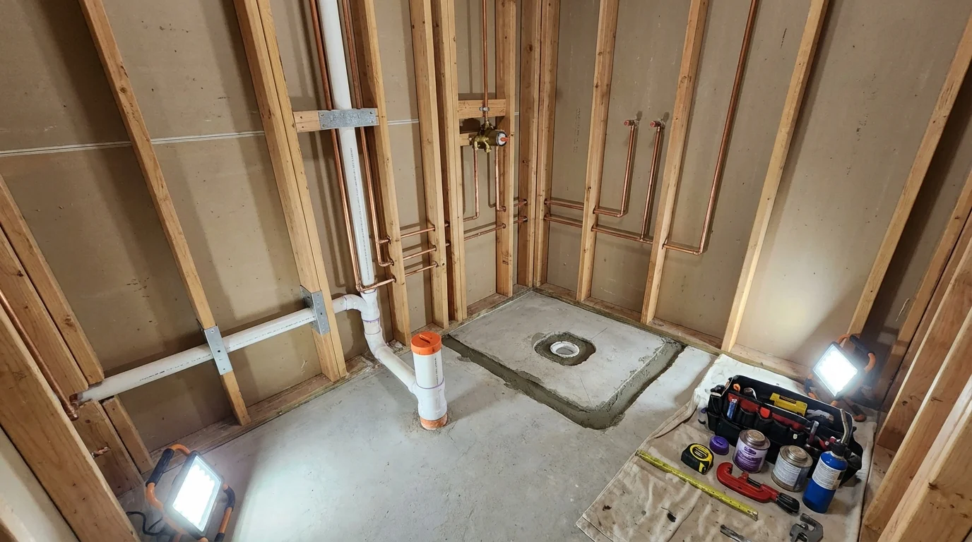 Bathroom rough-in plumbing during remodel by Johns Plumbing LLC in Ashaway