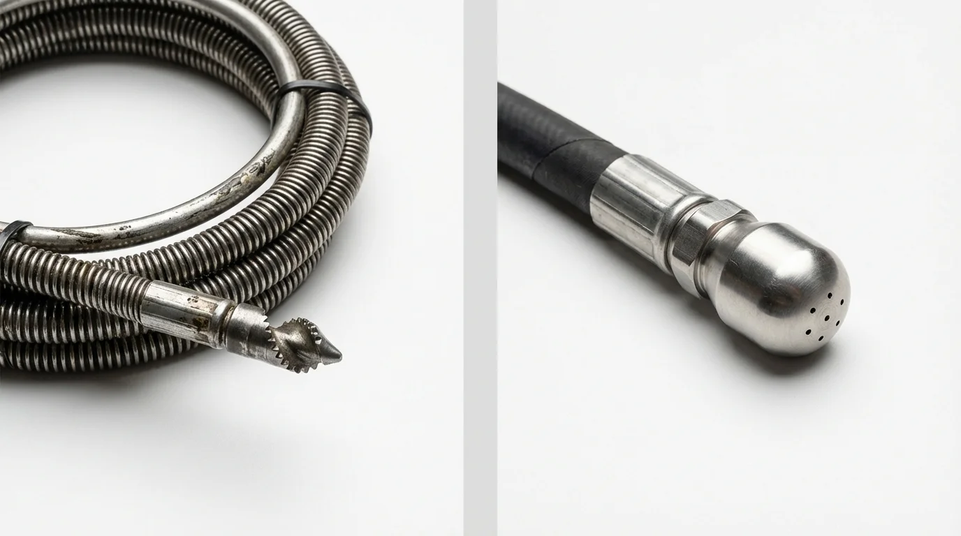 Drain snake cable and hydro jetting nozzle used for drain cleaning in Ashaway, RI