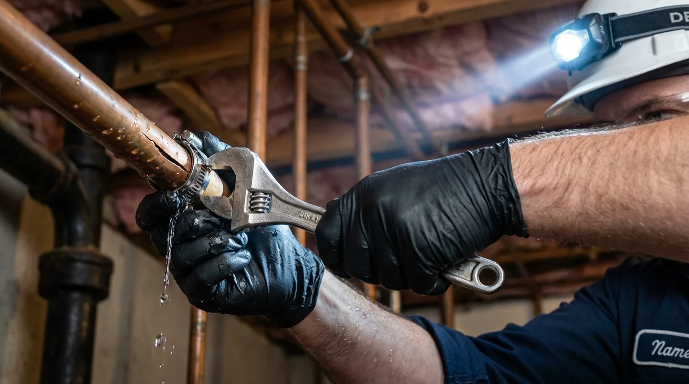 Emergency pipe clamp repair being performed by a Johns Plumbing LLC plumber in Ashaway