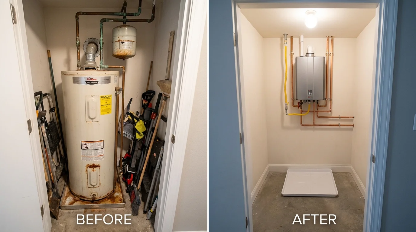 Tank water heater versus wall-mounted tankless unit comparison for Ashaway, RI homeowners