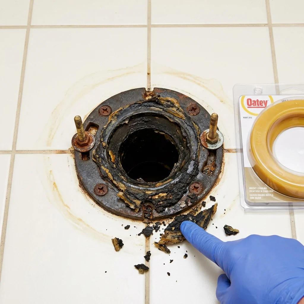 Failed wax ring showing water seepage at the base of a toilet in a Ashaway, RI home