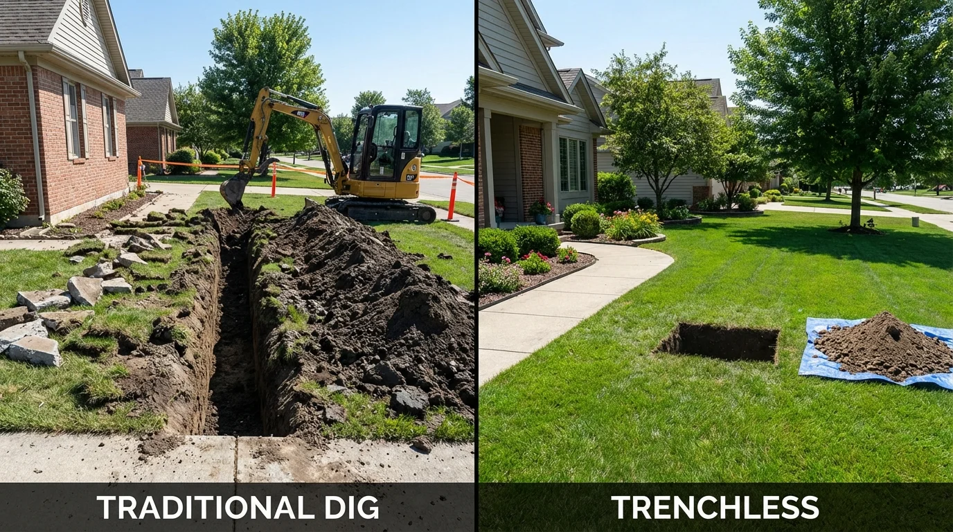 Trenchless sewer repair with minimal yard damage versus traditional excavation in Ashaway, RI