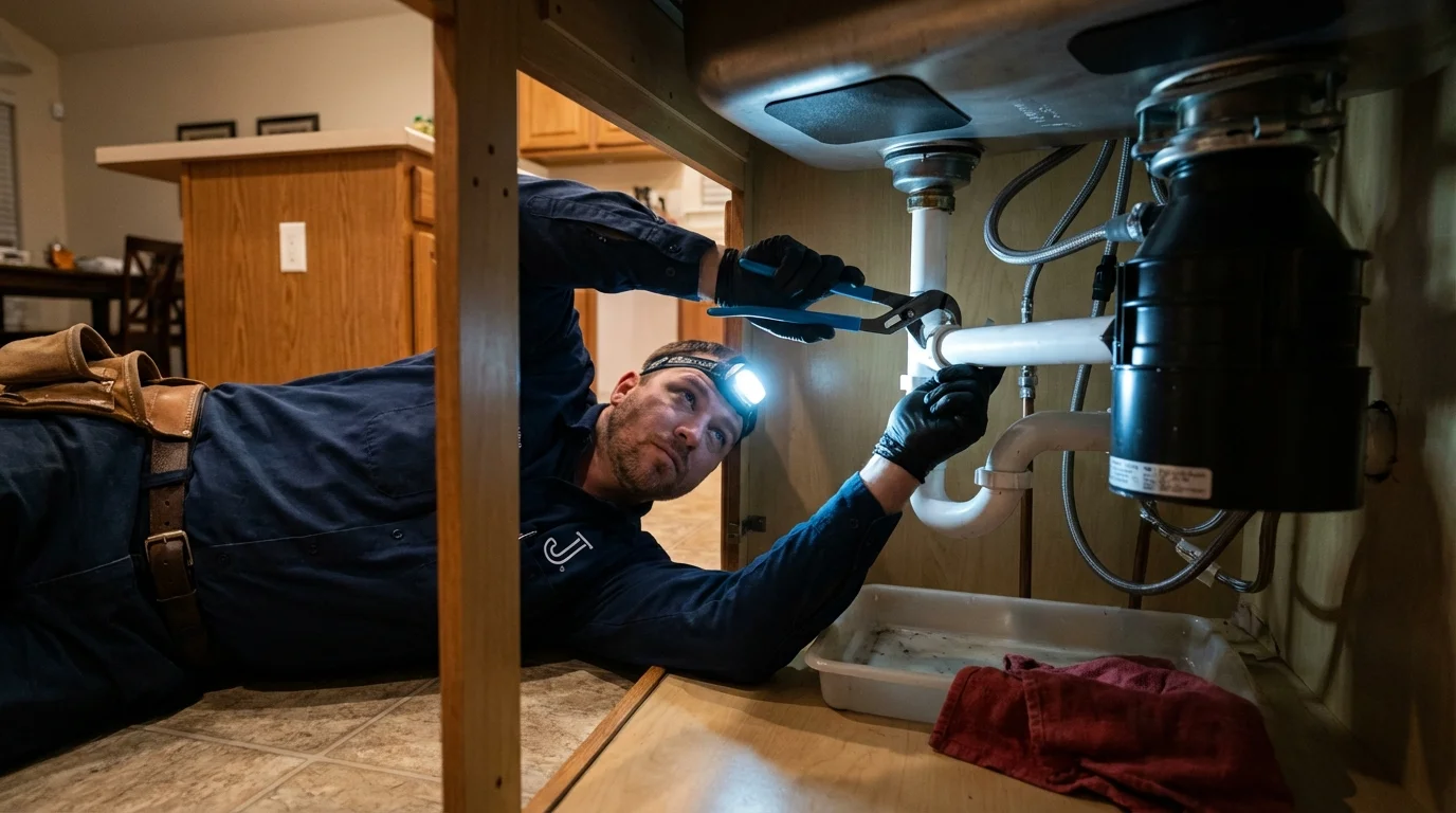 P-trap and supply line connections under a kitchen sink showing a common leak point in Ashaway, RI